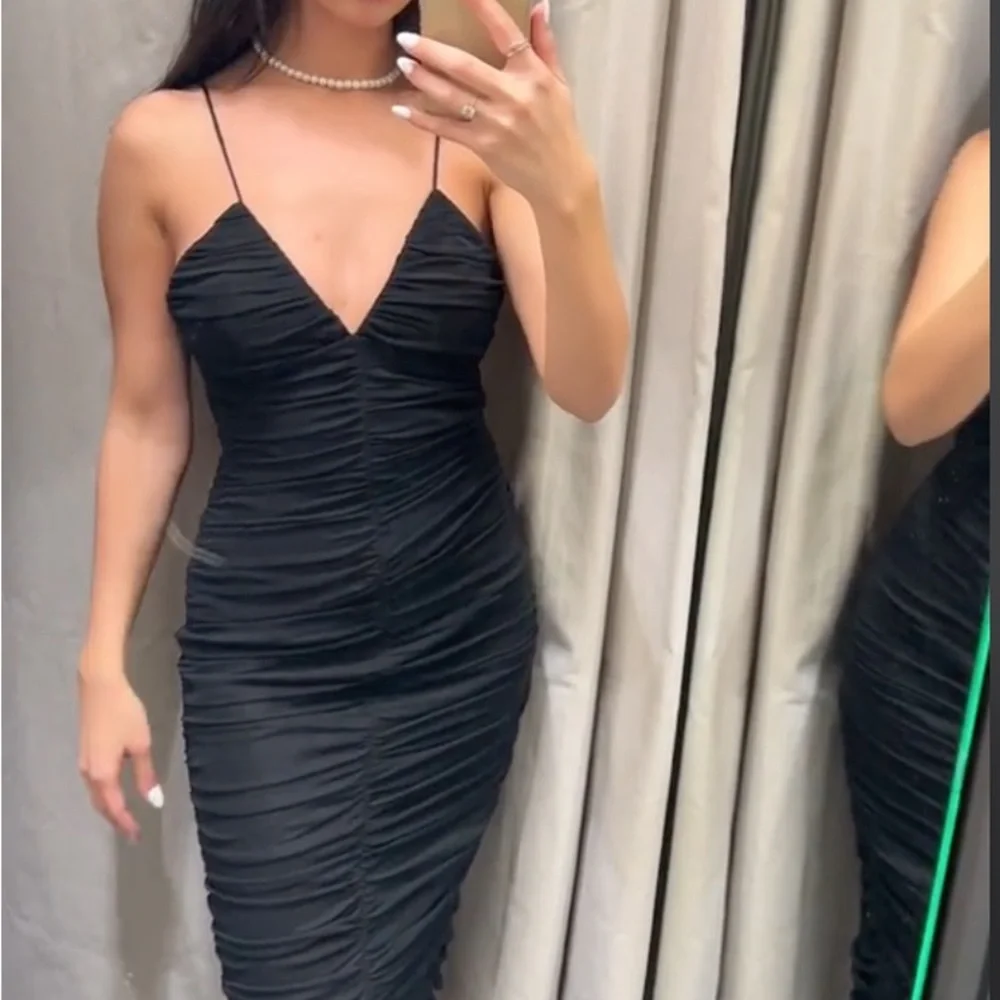 Black Ruched Midi Dress with Back Slit - Picture 2 of 6